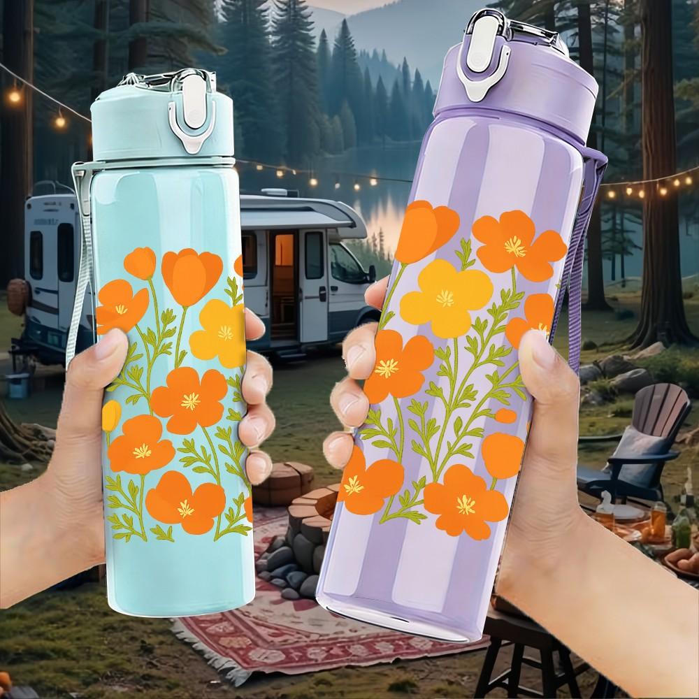 1PC Orange Wildflower Cluster 750ml Color Plastic Sports Water Bottle Leakproof Flip Straw Lid Suitable for Sports Office Home Use