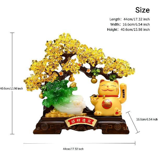 Aris & Juno 11.42'' Feng Shui Money Tree Statue with Fortune Cat & Jade Cabbage, Lucky Wealth Decor for Bookshelf, Home Office & Business Opening