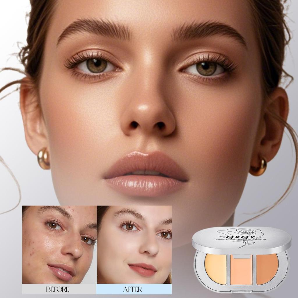 QXQY Natural Fit Tri-Color Concealer Stereoscopic Concealer Dark Circles Brighten Tear Troughs Salmon Color