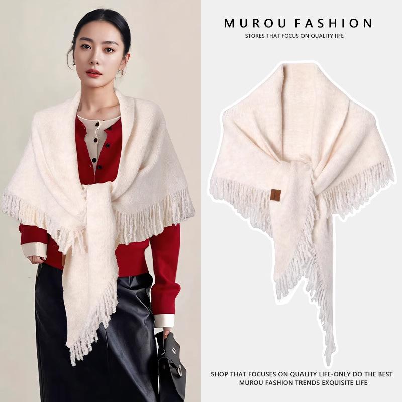 Solid color shawl containing wool thickened wool knitted scarf women's winter high-end warm and cold scarf