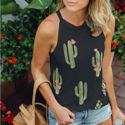 

Sexy Usa Summer Womens Cactus Printed Round Neck Tank Sleeveless Tshirt Loose Tag XL=US M чёрный