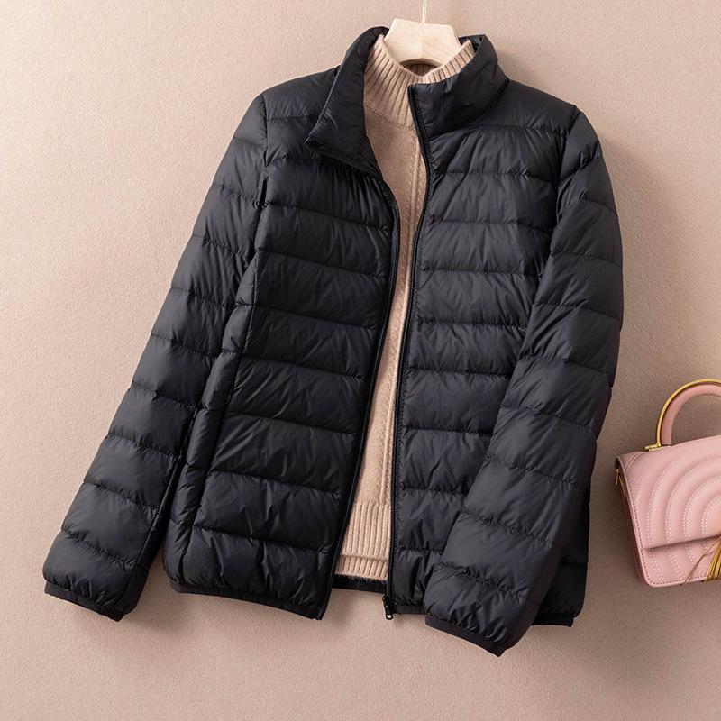 Women's Lightweight Black Down Jacket 2025 - Small Size, Short, Thin Inner Layer, Stand-Up Collar for Middle-Aged Women