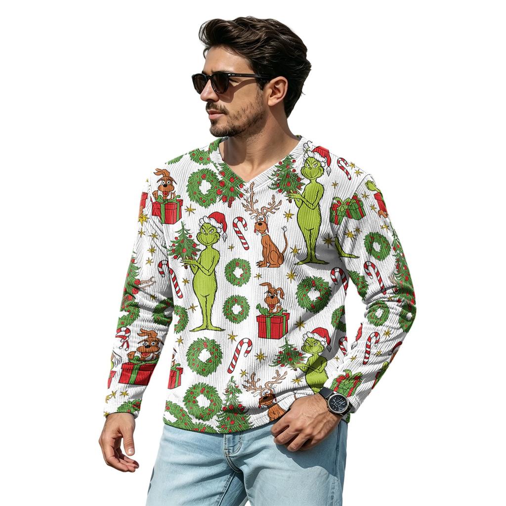 Men's Casual Christmas V-Neck T-Shirt Comfortable Loose Fit Street Printed Top