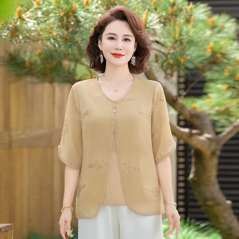 Elegante Blusa de Gasa para Mamá de Verano, Cuello en V, Bordada, Holgada, Camisa de Mamá