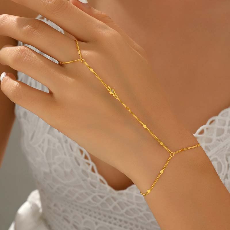 

Fashion Crystal Hand Chain Bracelet Ring For Women Girl Simple Gold Color Handmade Link Chains Connecting Bracelets Hand Zircon