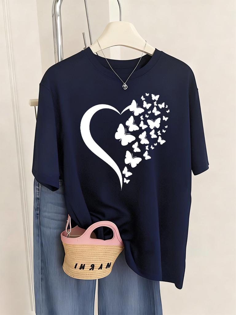 Butterfly Heart Printed T-Shirts Womens Casual Loose T Shirts O-Neck Soft Short Sleeve Tops Summer Comfortable Woman Clothes