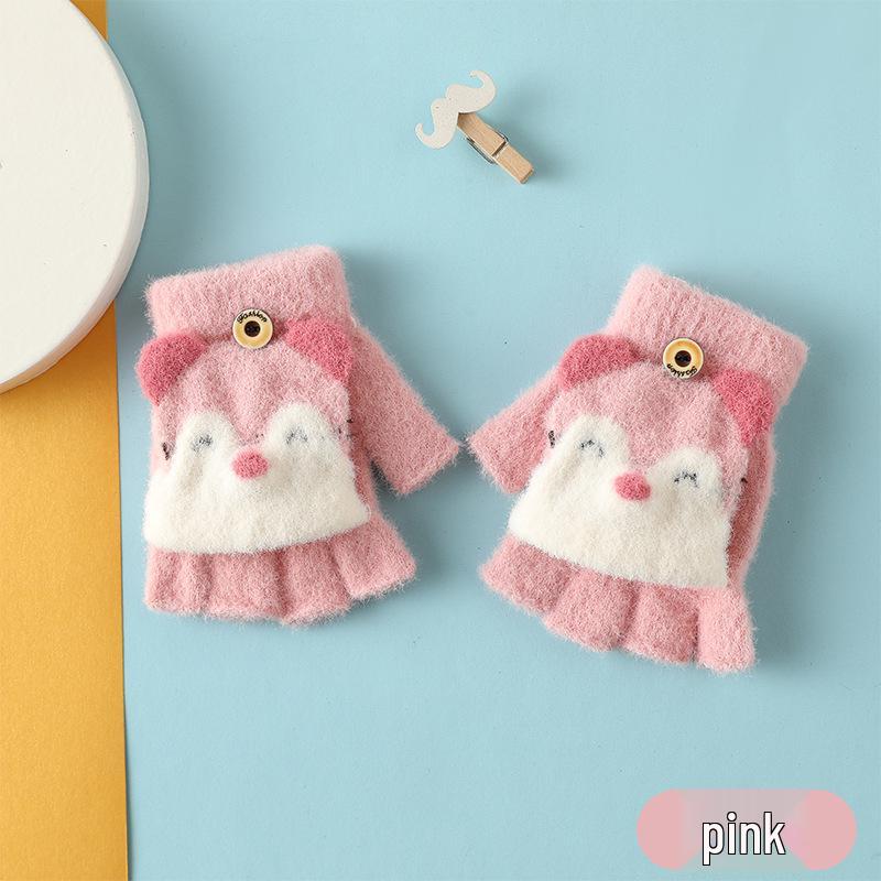 

Children s Plus Velvet Cartoon Flip Half-Finger Knitted Gloves for Autumn/Winter One Size