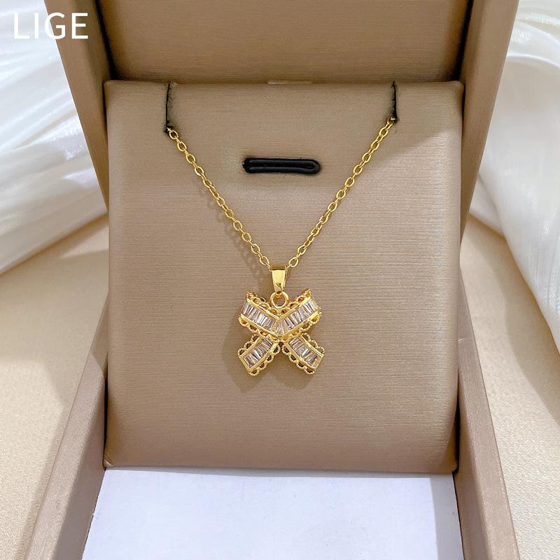 Butterfly T-Shaped Zircon Full Diamond Fashionable Light Luxury Temperament Gorgeous Full Diamond Necklace Female Versatile Collarbone Chain