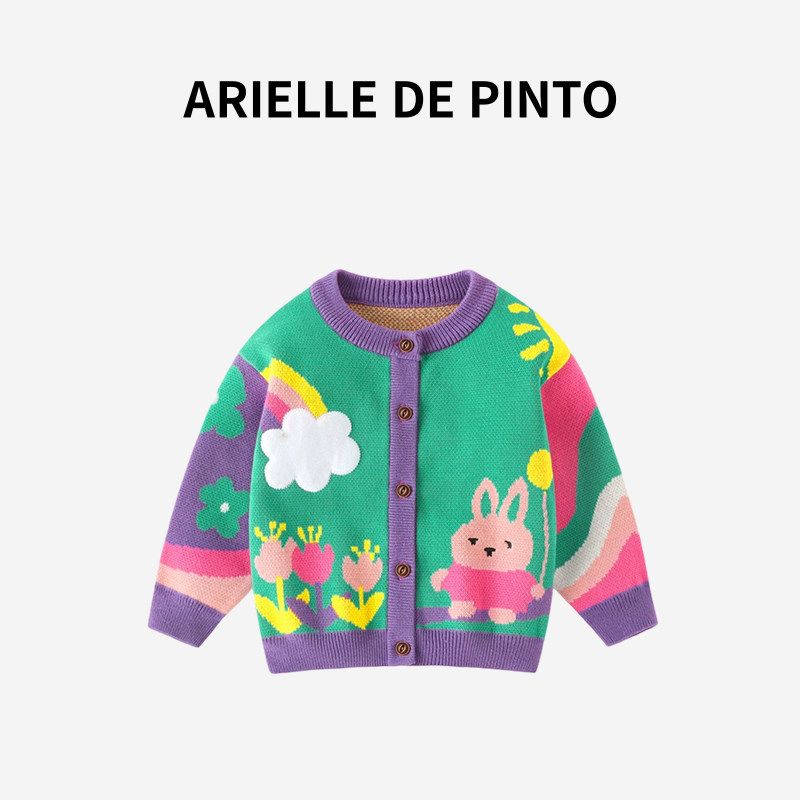 French Arielle De Pinto Girls' Sweater Spring and Autumn Korean Style Floral Rainbow Rabbit Cardigan Sweet Coat