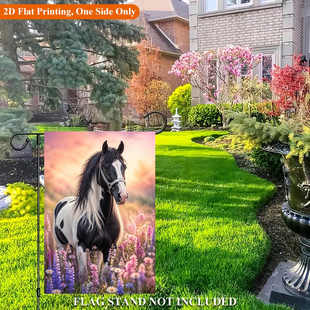 Beautiful Horse in Flower Field Single Sided Polyester Garden Flag - Single-Sided, Polyester, Outdoor Yard Decor