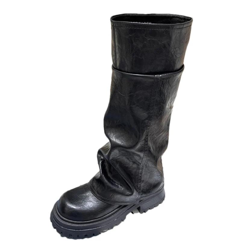 Platform Women Chunky High Boots Leather Fad Knee High Mid Heels Shoes 2025 Trend Designer Goth Winter Motorcycle Botas De Mujer