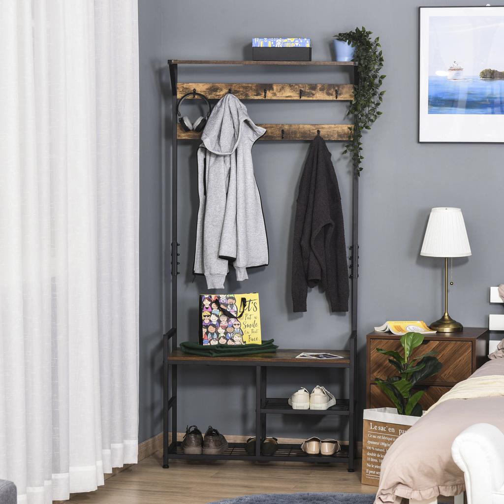 Coat Rack Stand Shoe Storage Bench with 9 Hooks Shelves for Bedroom Living Room Entryway Brown and Black 180cm