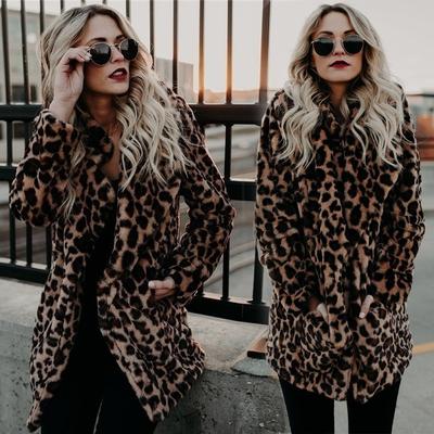 Damen-Mantel mit Leopardenmuster aus Kunstpelz, mittellang, offene Vorderseite, warme Winterjacke