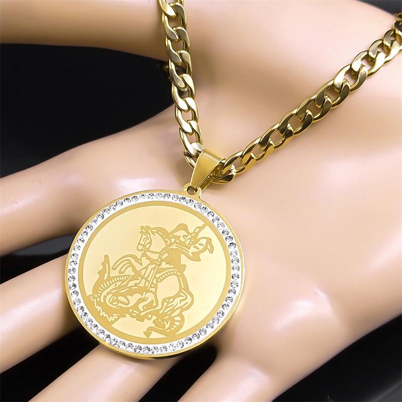 SAINT MICHAEL Archangel Crystal Hip Hop Necklace for Men Women Stainless Steel Rhinestone Big Pendant Necklaces Jewelry NZZZ506