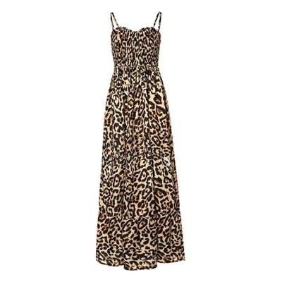 Leopard Print Maxi Dress Sleeveless Spaghetti Strap V-Neck Elastic Waist Vintage Women A-Line Dress Floor Length Summer Dress