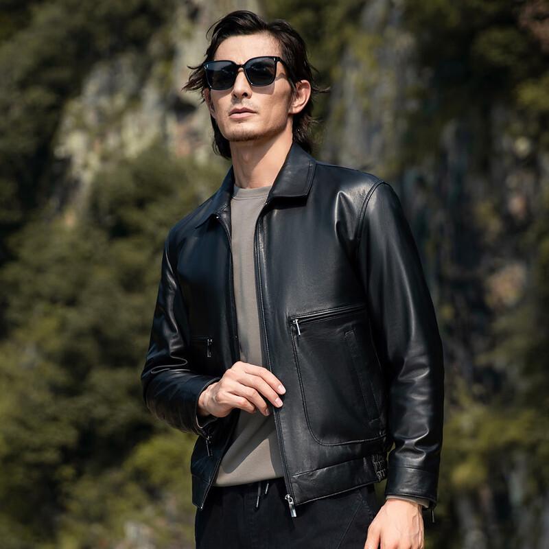 Futhing Men's Genuine Sheepskin Lapel Leather Jacket