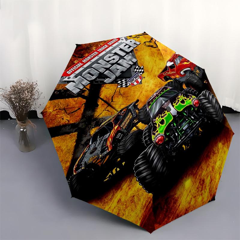 Monster Jam, Monster Trucks Themed Automatic Opening and Closing Umbrella, Compact Travel Umbrella, Lightweight and Portable, Suitable for B
