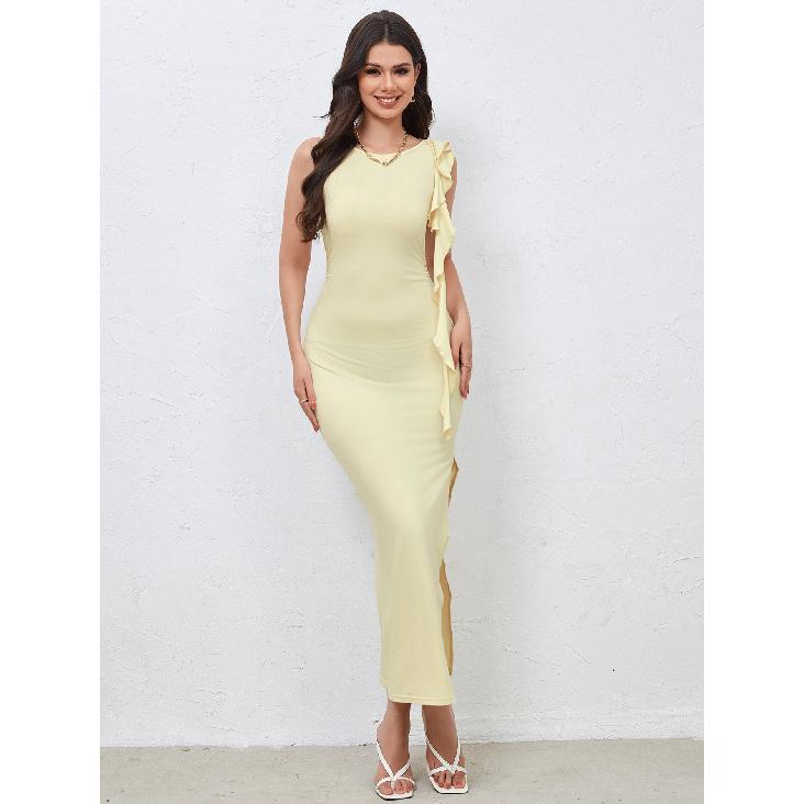 Milk Silk Sexy Elegant Side Split Design Shoulder Flutter Dress