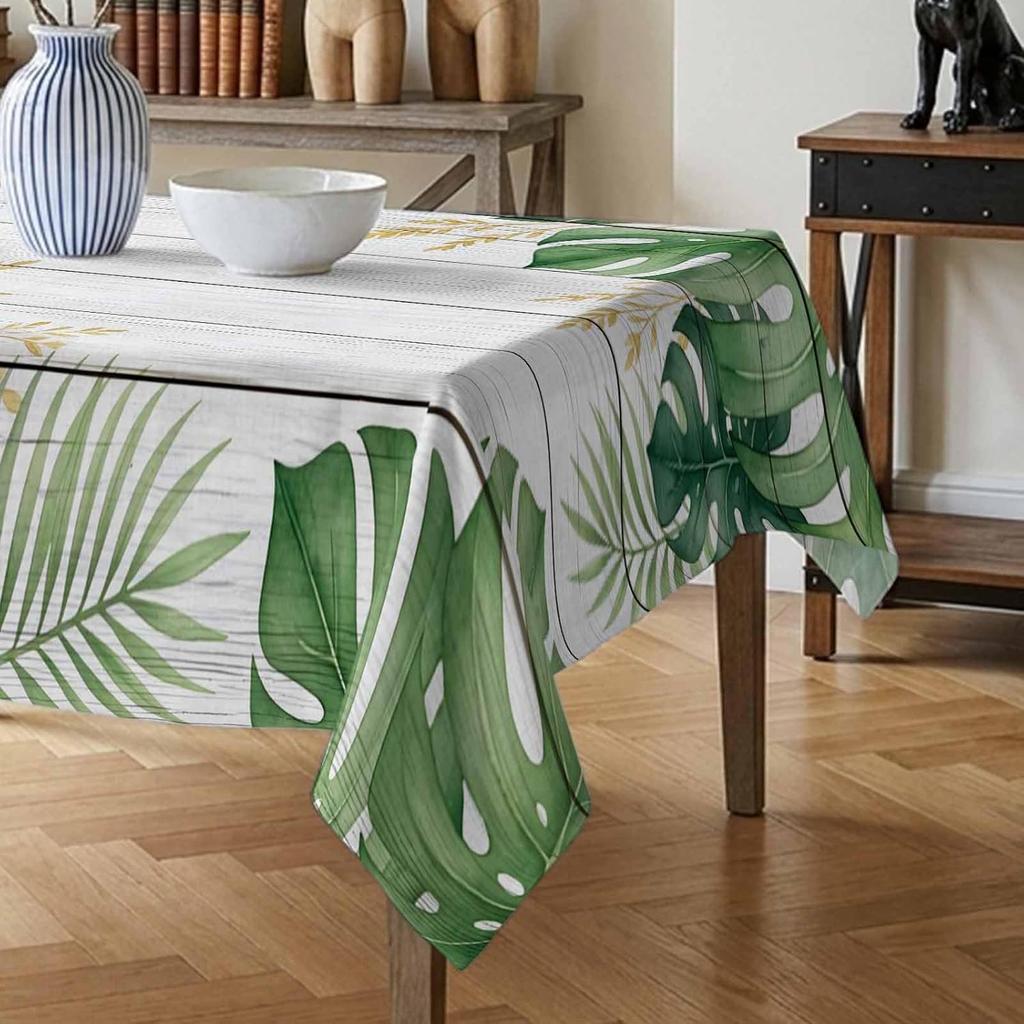 Summer Tropical Green Leaves Rectangle Tablecloth for Table Decor Reusable Wood Board Tablecloth for Kitchen Wedding Party Decor