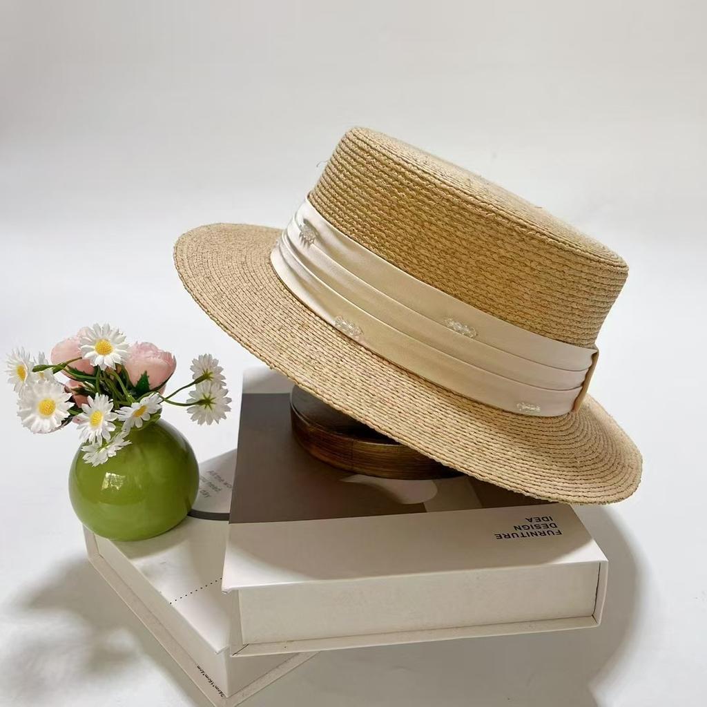 Dale Lafite Hat Women'S Sunscreen Flat Top Straw Hat French Pearl Sun Hat Uv Protection Sun Hat