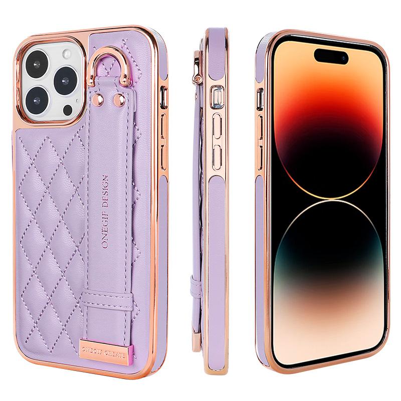 

VIETAO Compatitable With iPhone 16/16 Pro/16 Pro Max Case With Wristband Holder, Grid Pattern PU Leather Cell Phone Case, Purple For iPhone 13 фіолетовий