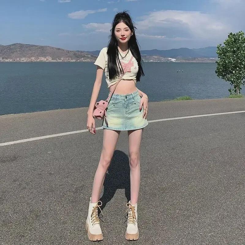 Women's High Waist Retro Denim Skort: A-Line, Anti-Exposure, Small Size