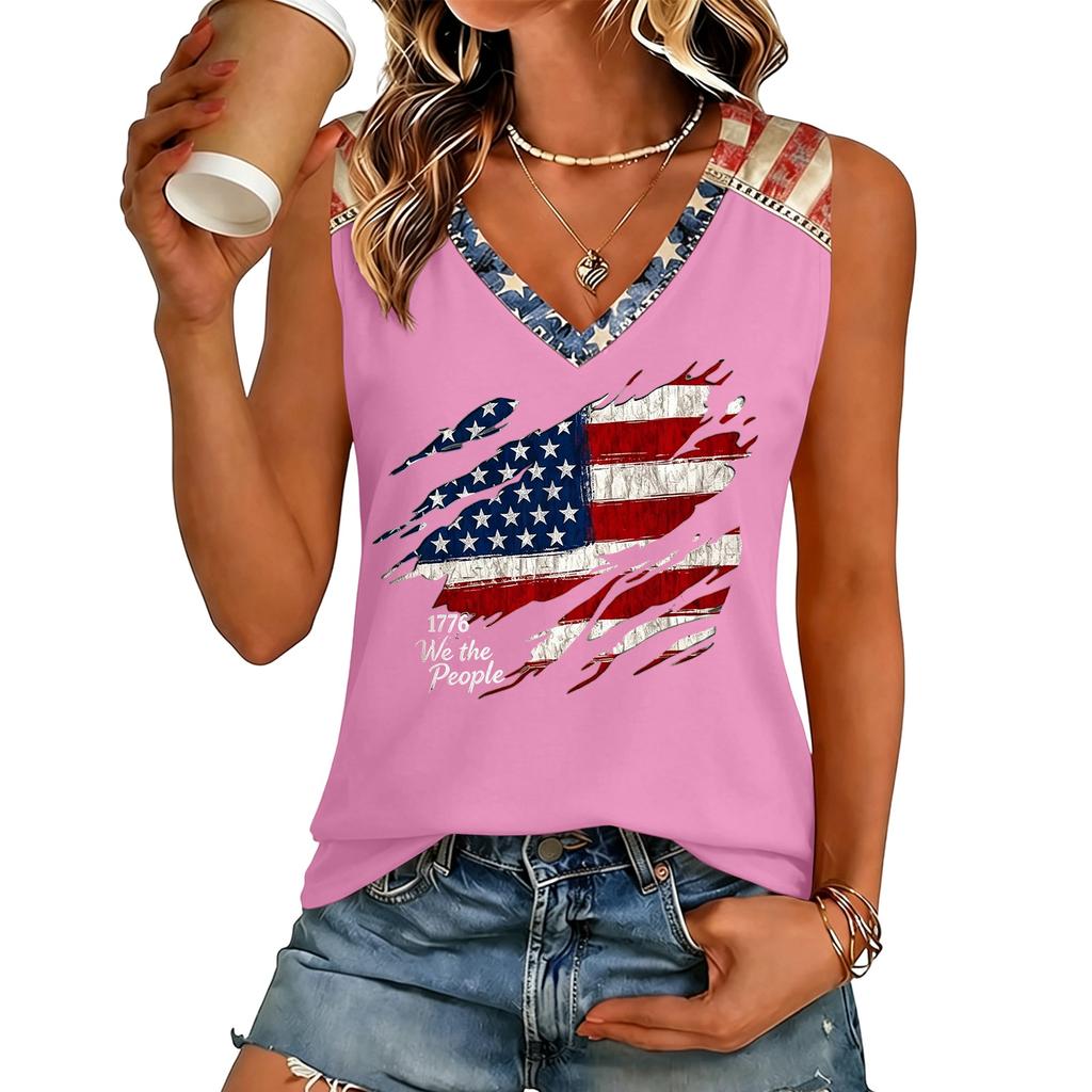 Women’s V Neck Casual Short Sleeve Top with Letter Print and Distressed Flag Graphic Lightweight Relaxed Fit Tee Shirt