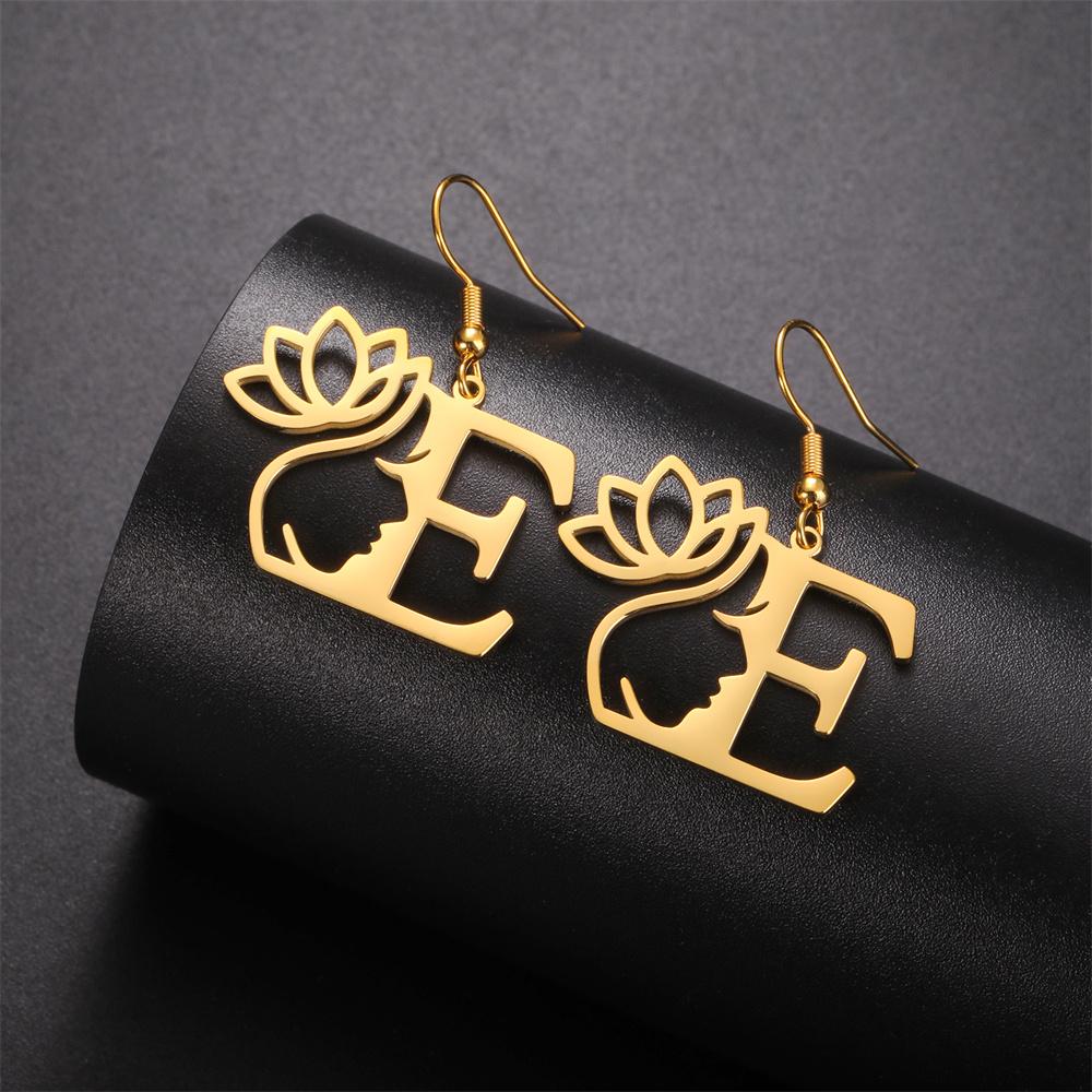 My Shape Beauty Flower Letter Drop Earrings for Women A-Z Alphabet Initials Lotus Stainless Steel Fashion Jewelry Kids Female