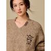 INMAN Women's Wool Blend Embroidered V-Neck Drop-Shoulder Sweater