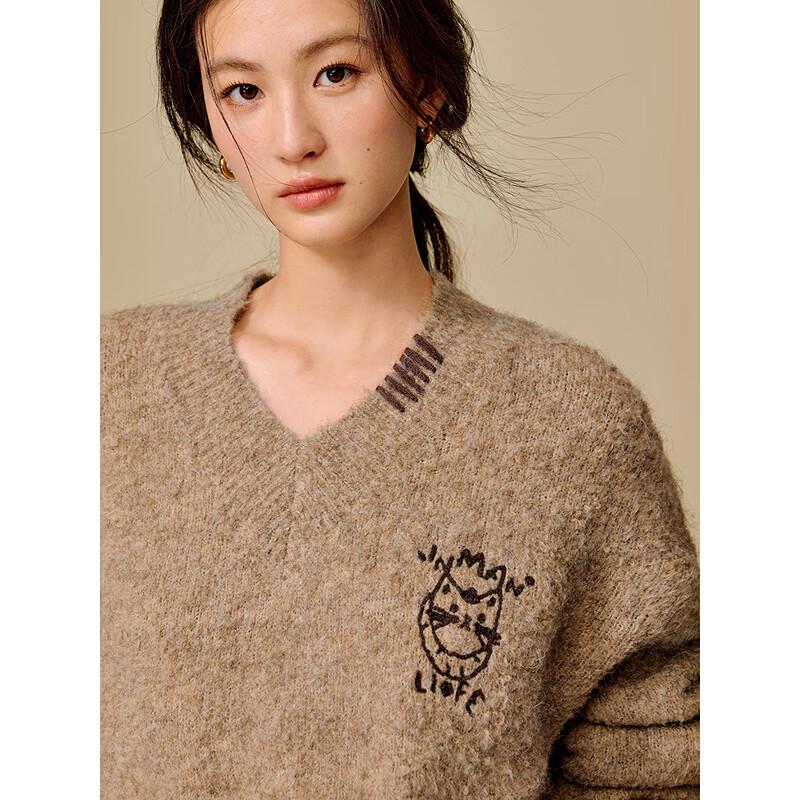 INMAN Women's Wool Blend Embroidered V-Neck Drop-Shoulder Sweater