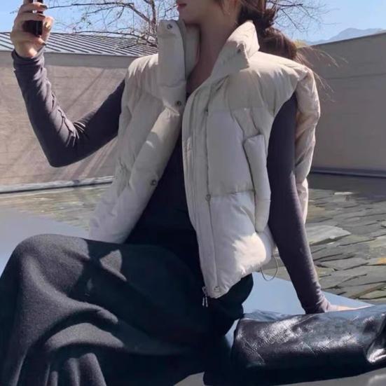 Women's Thick Warm Vest Autumn Winter Zipper Closure Loose Jacket with Pockets Windproof Stand-Up Collar Gilet for Daily Wear Dating Street Office