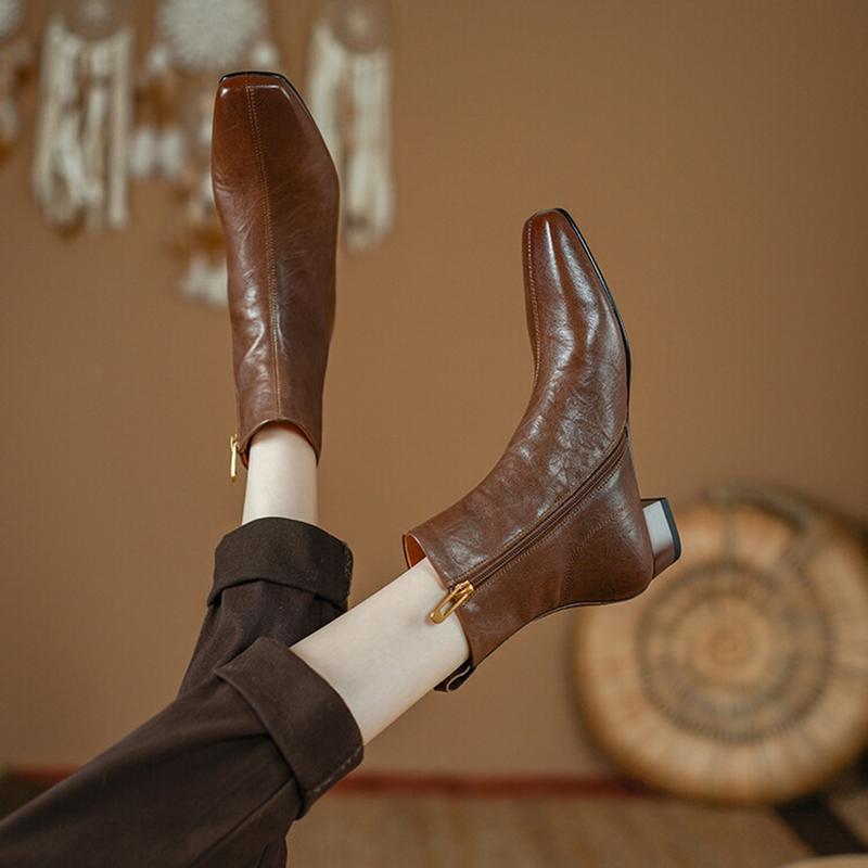 Fashion NEW Autumn Women Boots Gnueine Leather Shoes for Women Square Toe Low Heel Shoes Black Zipper Ankle Boots Handmade Modern Boots
