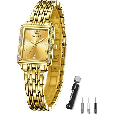 OLEVS Ladies Square Gold Watch Waterproof Quartz Analog Business Wristwatch with Stainless Steel Band