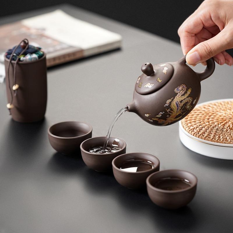 Purple Clay Travel Tea Set One Pot Four Cups Outdoor Portable Storage Quick Cup Kung Fu Small Gifts