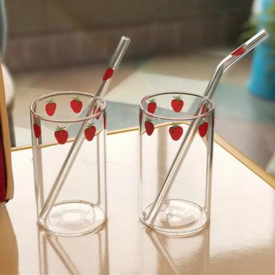 300ML Ins Kawaii Style Mugs Strawberry Glasses Coffee Milk Water Glass Cups with Straws Clear Cute Juice Gifts for Girl Lady Set