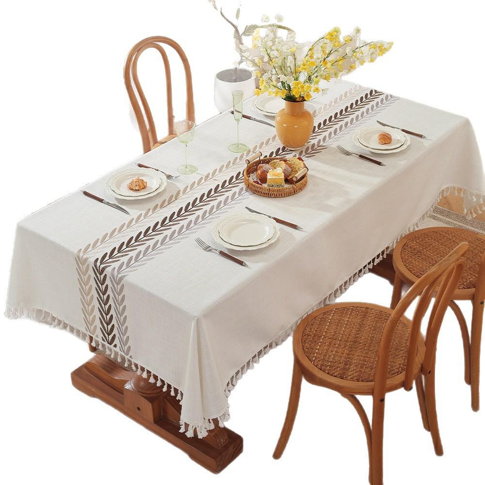 Cotton And Linen Tablecloth Embroidery Dust-Proof Dining Table Fabric Rectangular Coffee Table Cover Cloth Household Tassel Design