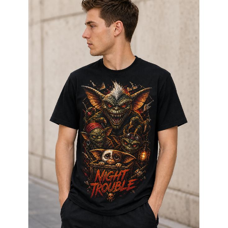 Men s Black Short Sleeve Crew Neck T-Shirt Featuring Gremlins-Inspired  Night Trouble  Graphic Print, Soft Cotton Blend for Casual Wear S чёрный