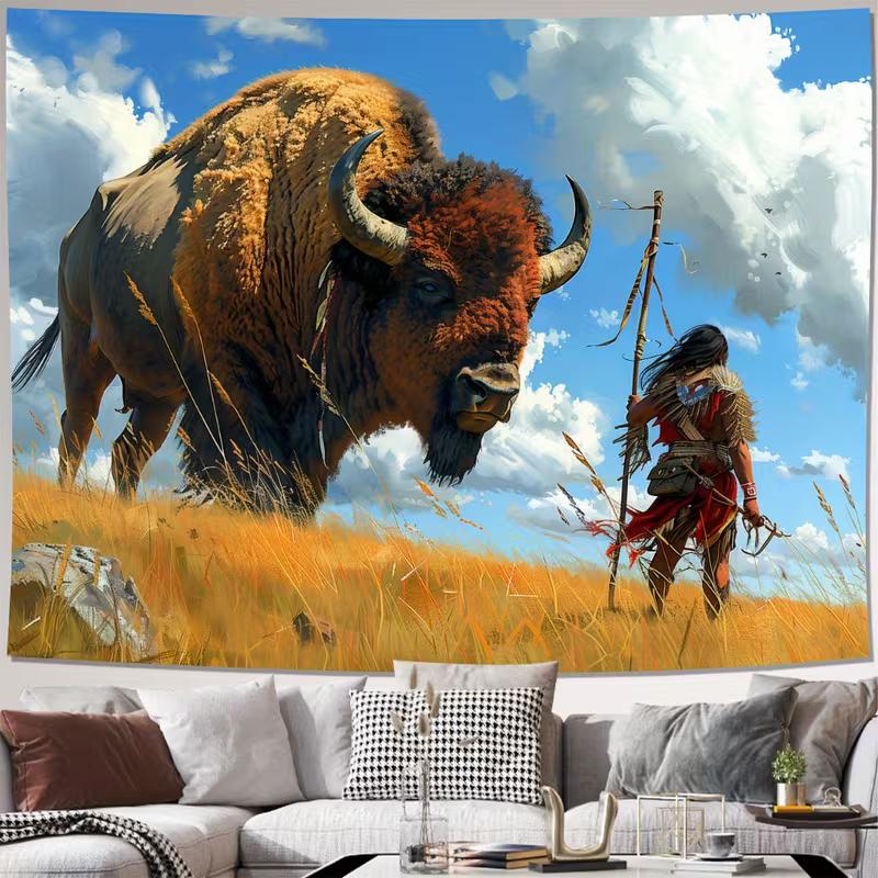 

2D Wild West Bison and Native Warrior Art Tapestry Background Cloth for Bedroom Living Room 47.2x31.5inch/120*80cm