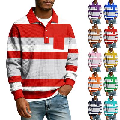 Men's Striped Single Breasted Long Sleeved Shirt With Collar And Pockets  Casual Sports T-shirt