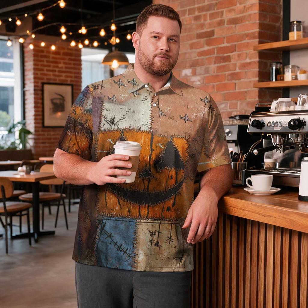 Men's Plus Size Halloween Print Golf Polo Shirt Breathable Short Sleeve Casual Workwear Top with Button Collar