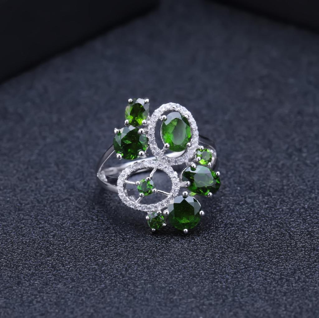 Light Luxury Design Natural Diopside Ring, High-End S925 Sterling Silver Inlaid Natural Colored Treasure Ring