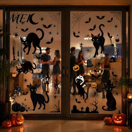 Dark Atmosphere Window Graphics 6 Sheets/Set Black Cat Stickers, Adhesive Free Static Clings, PVC Glass Stickers for Party Halloween Bat Pumpkin