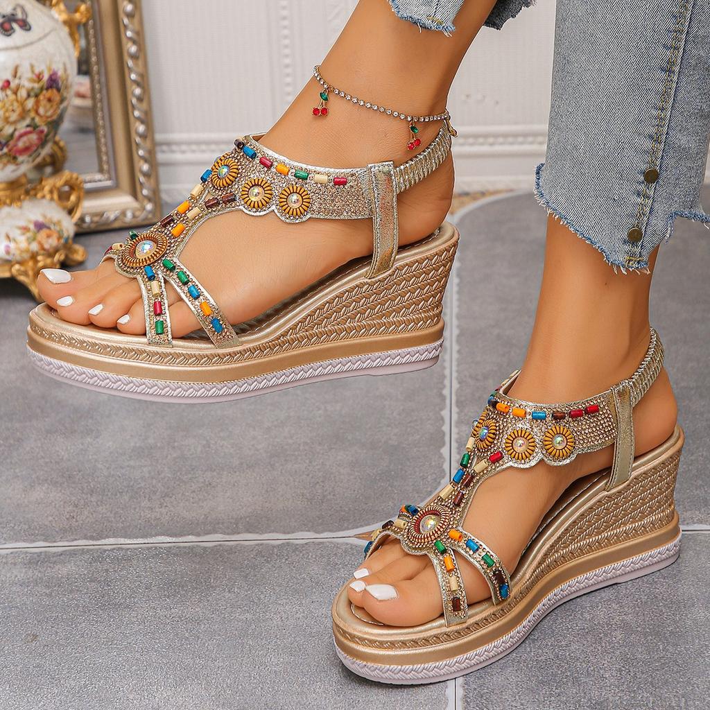 Women's Wide Width Bohemian Sandals, Beaded Wedge Heel Platform Shoes, Ethnic Style Summer Mules for Women