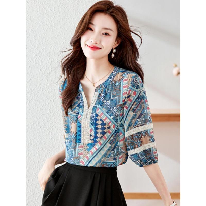 Ethnic Style Retro Printed Chiffon Shirt Female Elegant High-end V-neck Mid-sleeved Top Cover Belly Loose Shirt