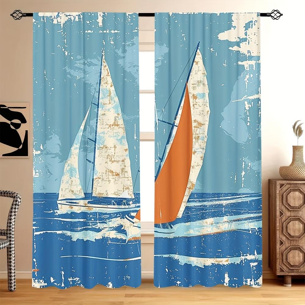 

2D Flat 2pcs 2D Flat Printing Nautical Grunge Style Racing Sailboats In A Windy Ocean Water Print Printed Curtains Rod Pocket 100*130 Grommet Top 1pcs