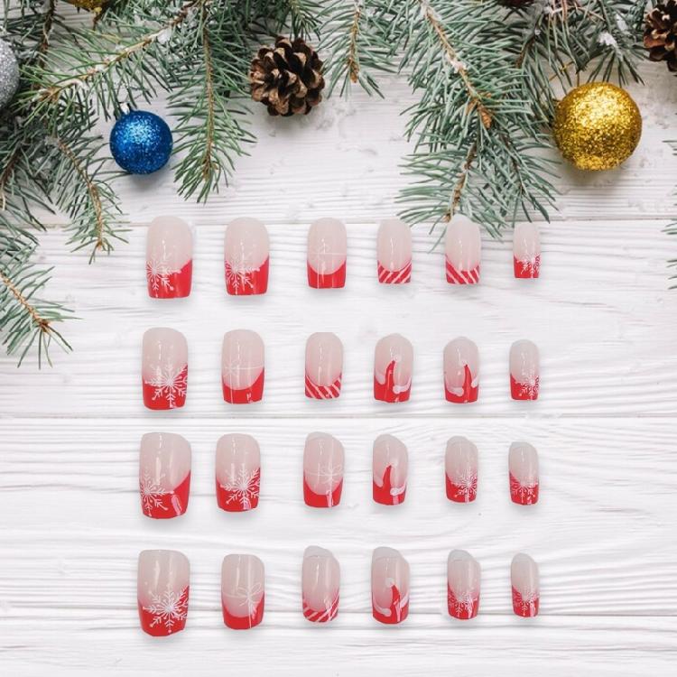 Festive Christmas Press On Nails Set 24Pcs Medium Square Flase Nail Snowflakes Artificial Nail for Easy Holiday Nail Art