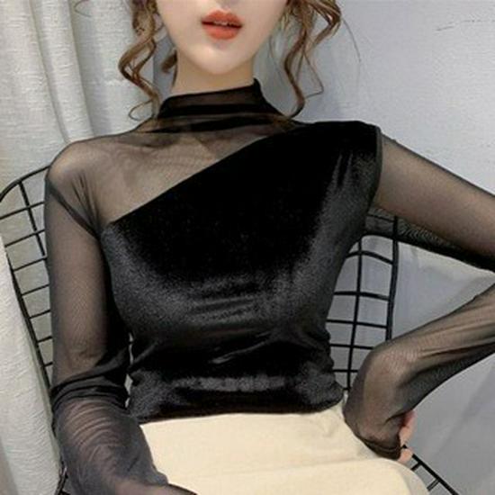 Lace Semi-high Neck Gold Velvet Splice Top with Mesh Sleeves for Women