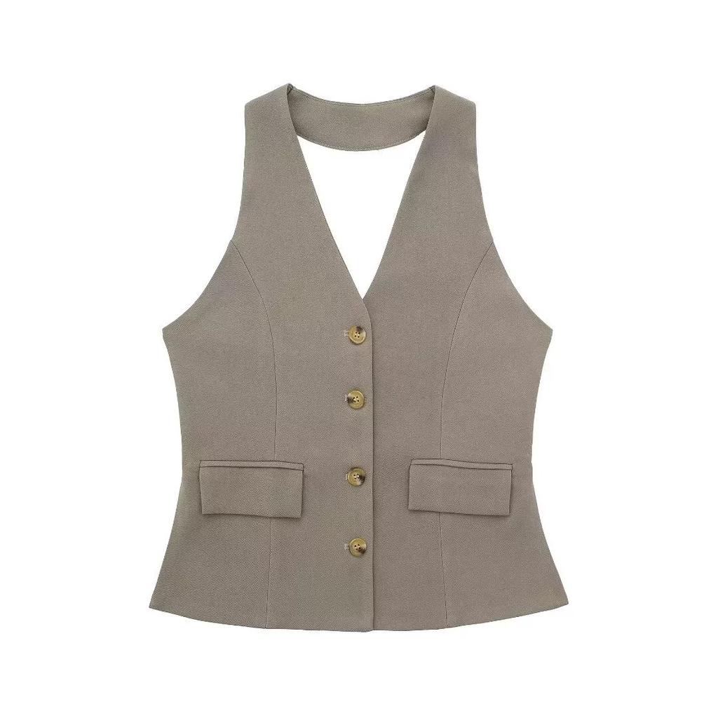 Women's Backless Halter Neck Vest, Pleated Wide Leg Pants
