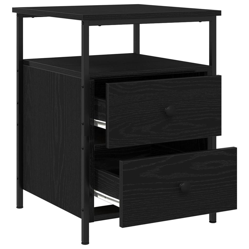 Black oak bedside table, 2 drawers for storage, with open display storage, 44x45x60 cm, made of wood and steel.