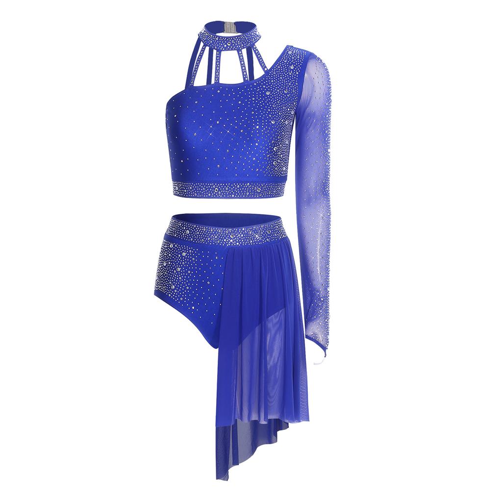 Women's Latin Dance Costume S-XXL: Asymmetrical Halter Top with Single Sleeve & Stappy Back + Rhinestone Mesh Hem Shorts